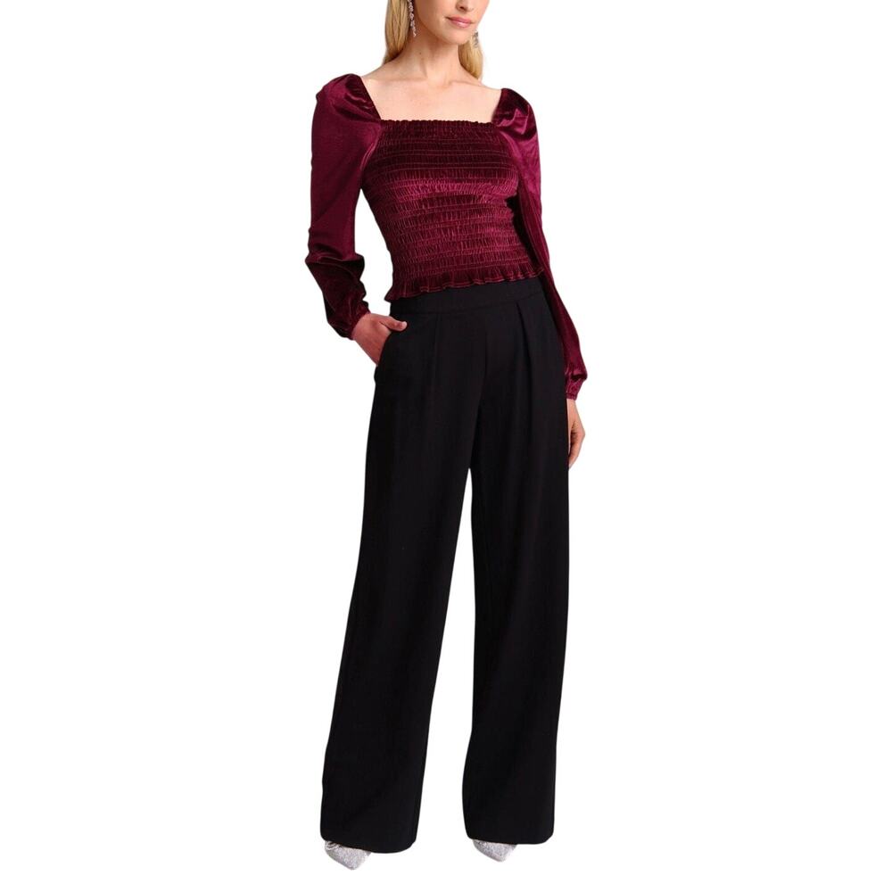 Bagatelle Women's Burgundy Smocked Velvet Long Sleeve Blouse Size M